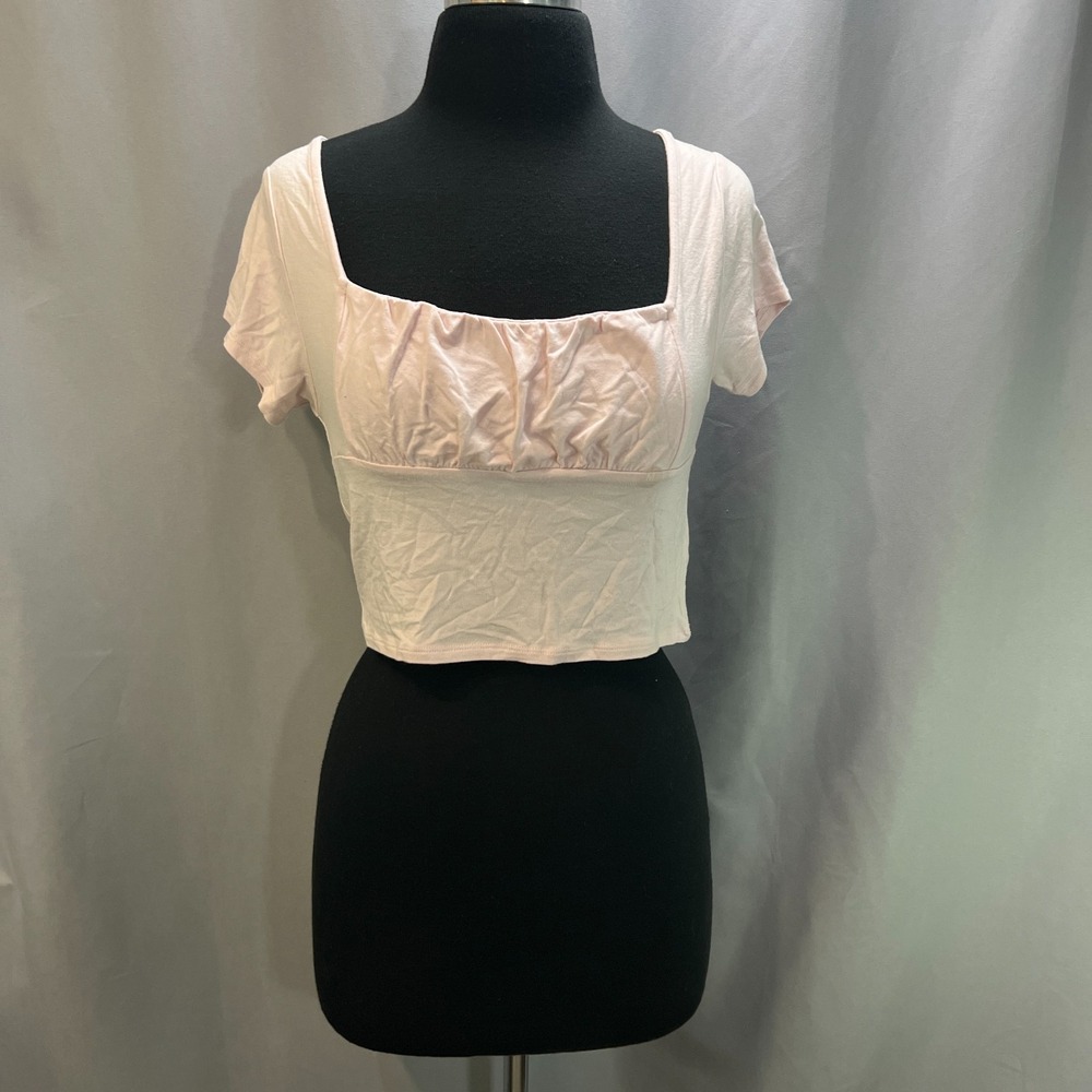 Me To We Gathered Bust Cropped Top Womens Medium Light Pink Rayon Square Neck